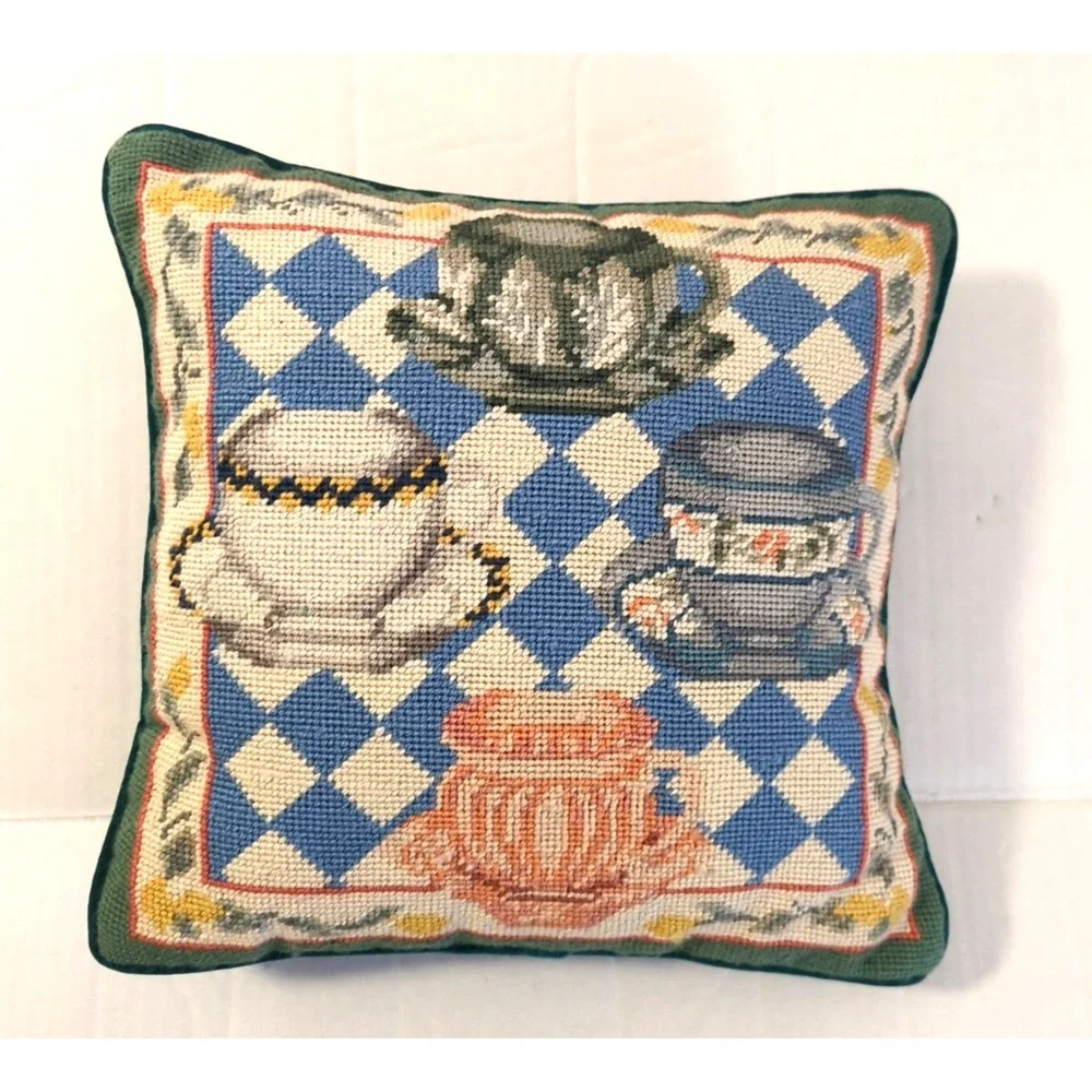 Vtg Throw Pillow Teapot and Tea Cups 100% Wool Embroidery Cotton Canvas Cottage